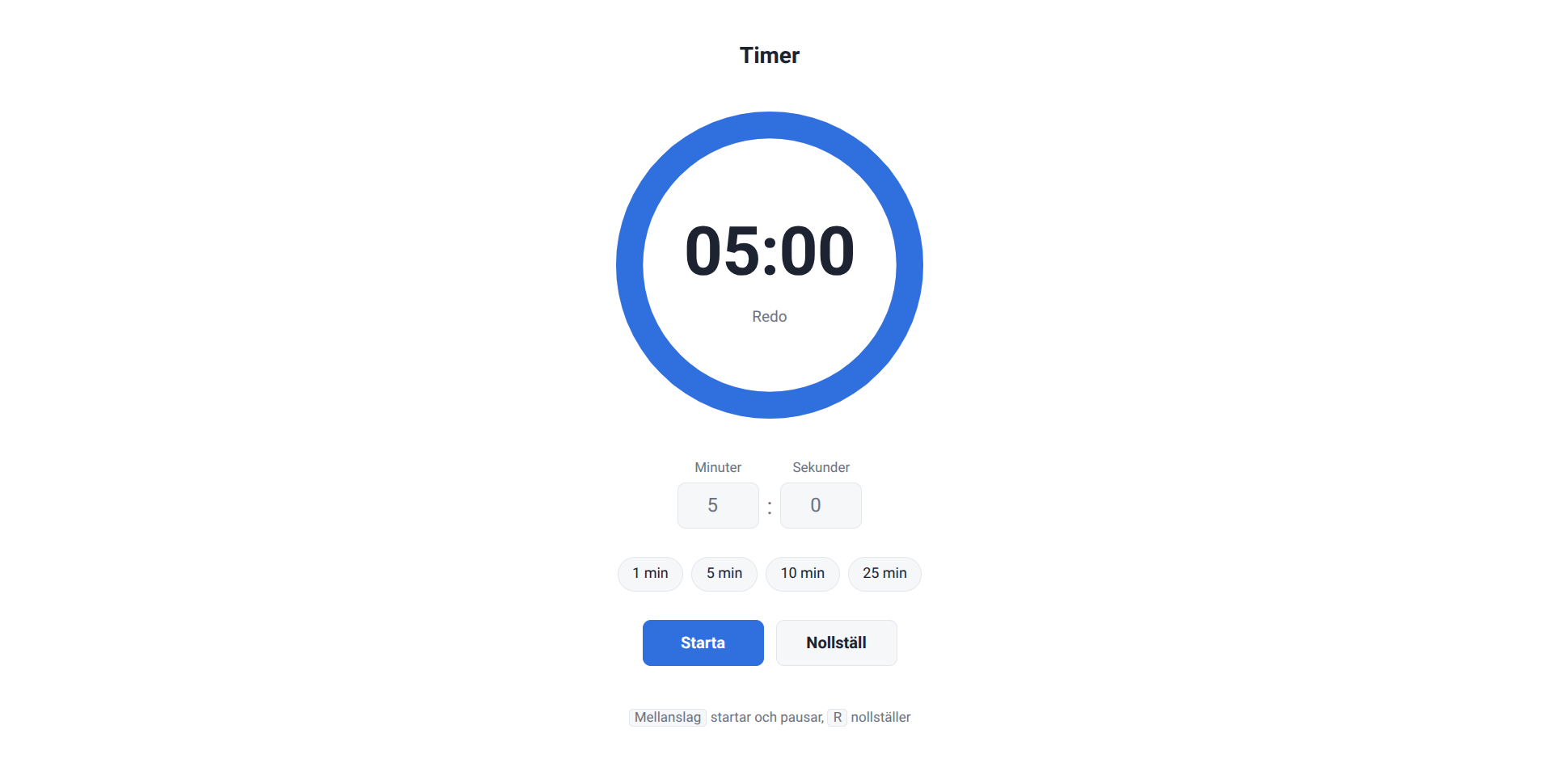 Timer med blå ring och knappar för start och nollställning.