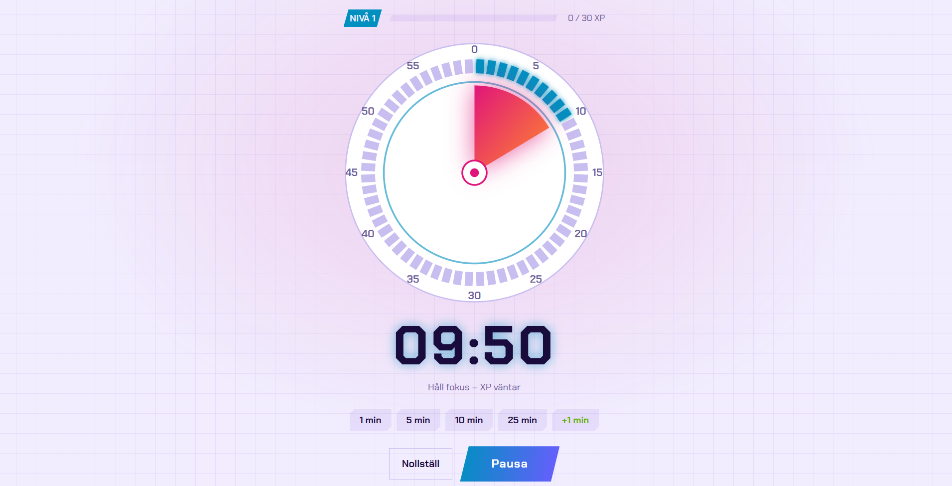 Spelifierad timer med nivå, XP och lila rutnät.