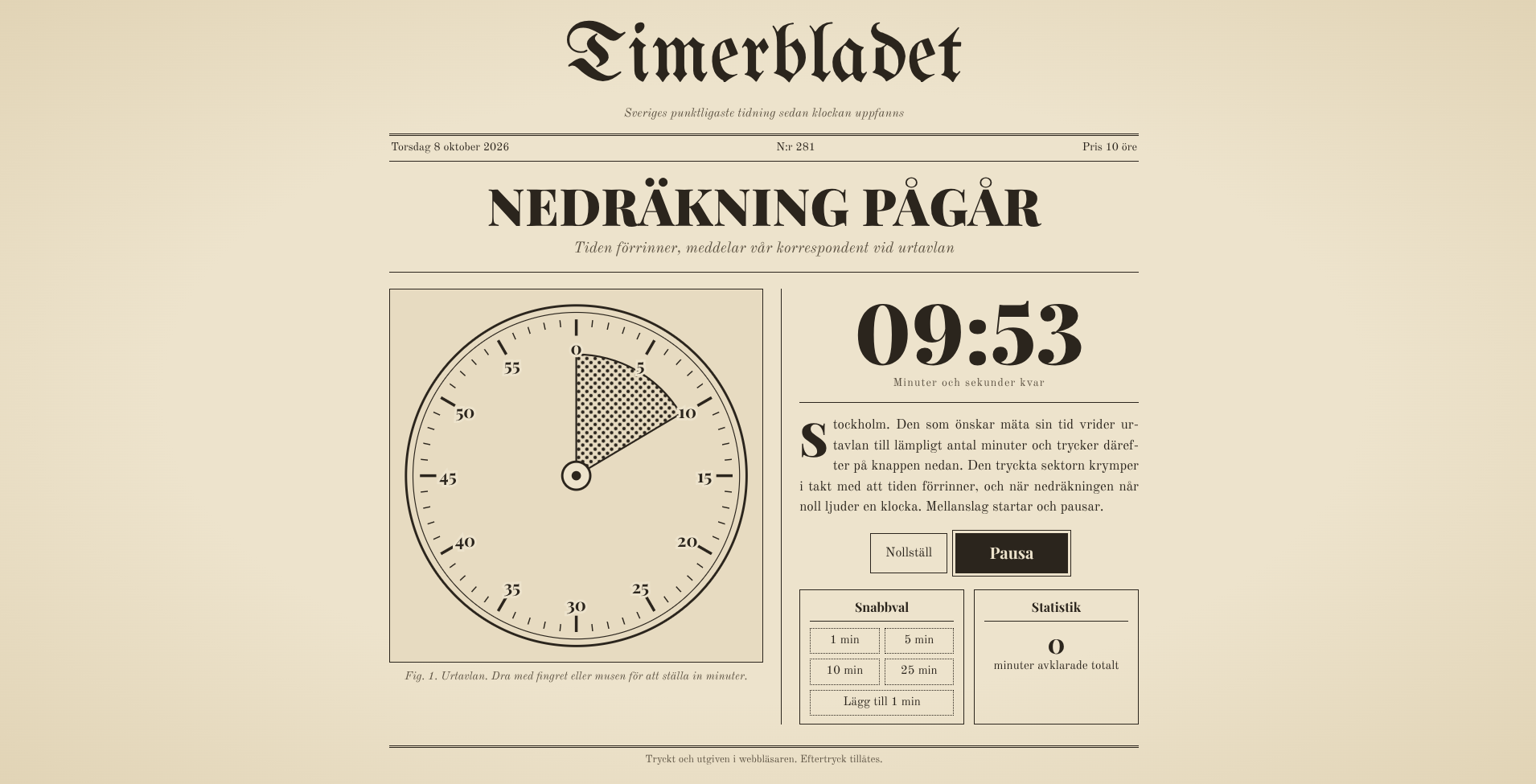 Timerbladet, en tidningstimer med analog urtavla.